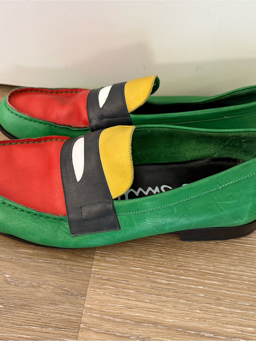 PS Paul Smith Green, Red & Yellow Leather Slip-On Loafers - Picture 3 of 9